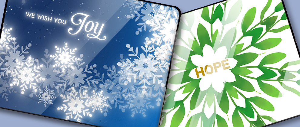 Red and blue personalized corporate holiday ecards displayed as digital greetings cards on tablets