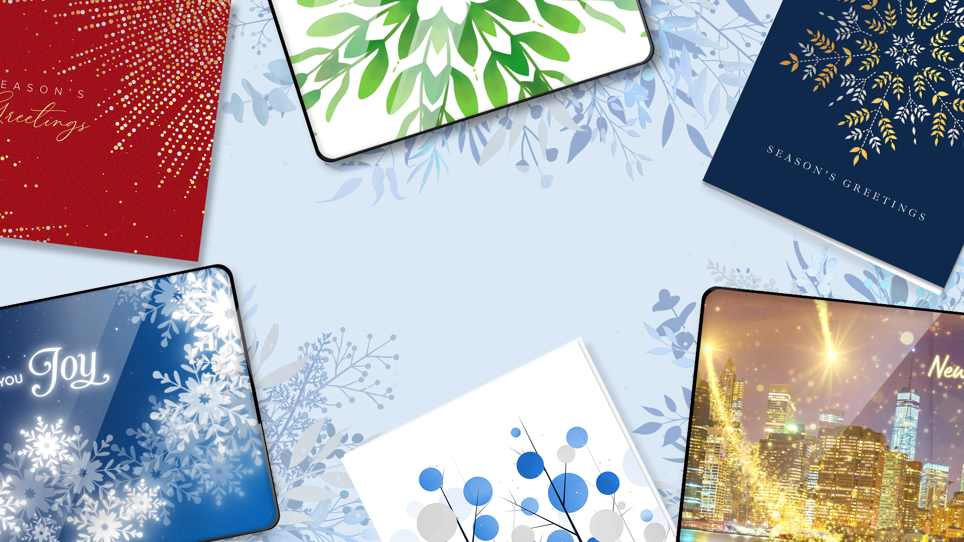 Green ecard and white card with envelope showing holiday card mailing service offering featuring words Full Service Solutions